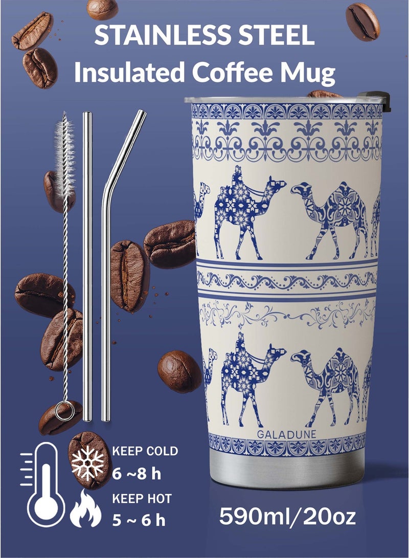 جالادون كوب قهوة للسفر من الفولاذ المقاوم للصدأ بسعة 20 أونصة، كوب حراري معزول بجدار مزدوج بتقنية التفريغ الهوائي مع ماصة وفرشاة تنظيف، كوب قهوة مانع للتسرب للمشروبات الساخنة والباردة، كوب بتصميم الجمل الأزرق، هدية مثالية. - Image 3